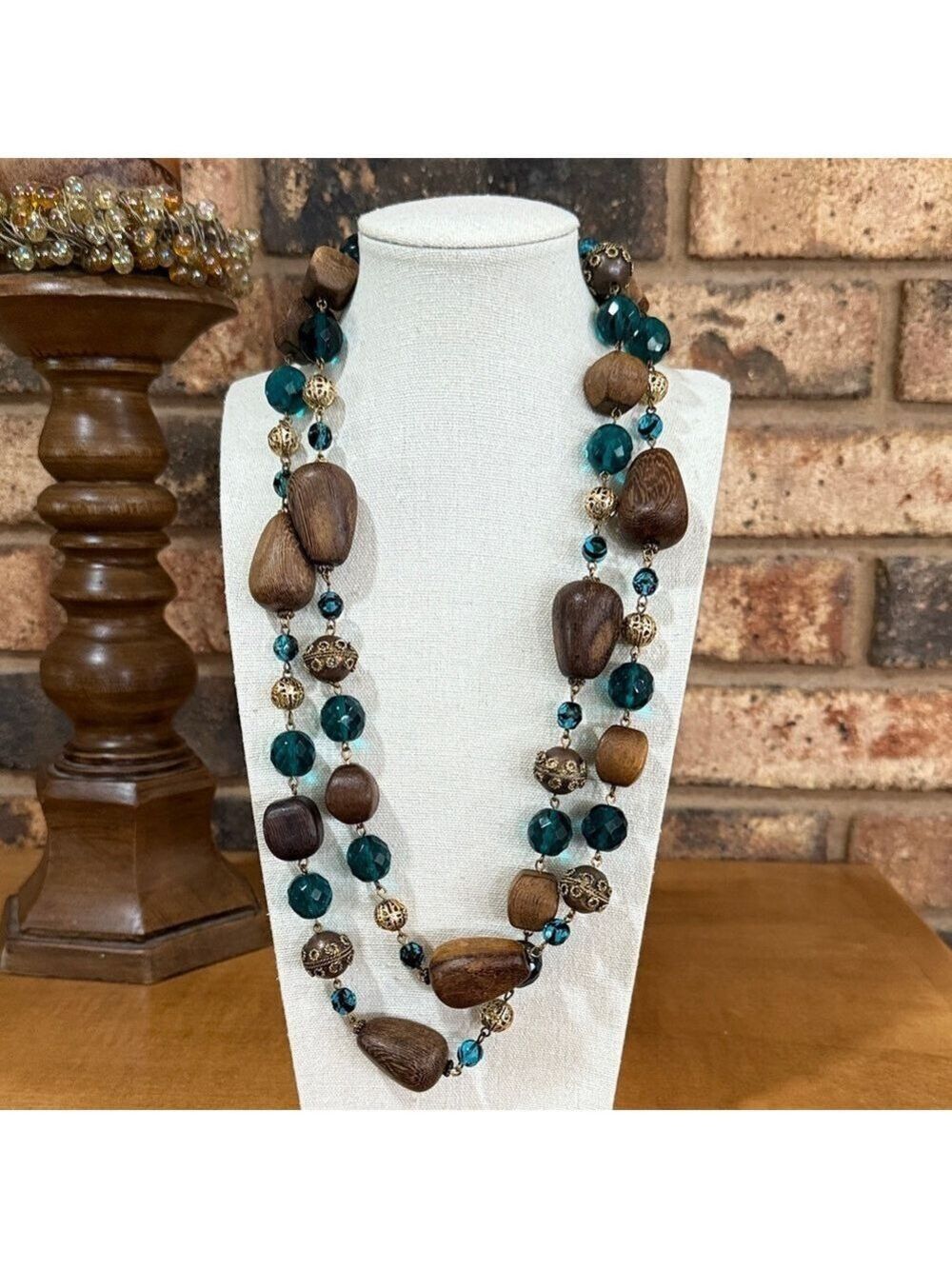 Yochi NY Teal Faceted Glass and Wooden Beaded Designer necklace